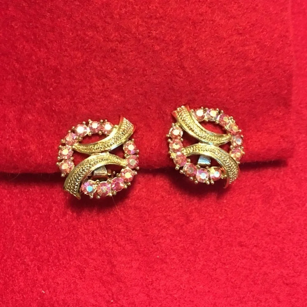Vintage Pink Aurora Crystal Circle Ribbon Earrings Gold Tone